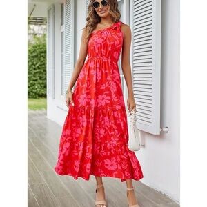New Women Medium PRETTYGARDEN Summer Floral One Shoulder Maxi Dress Knot